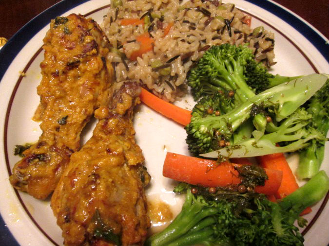 Oven roasted Tandoori chicken, saffron rice, steamed veggies with lemon-butter-dill-coriander sauce